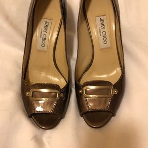 Jimmy Choo open toe gold pumps